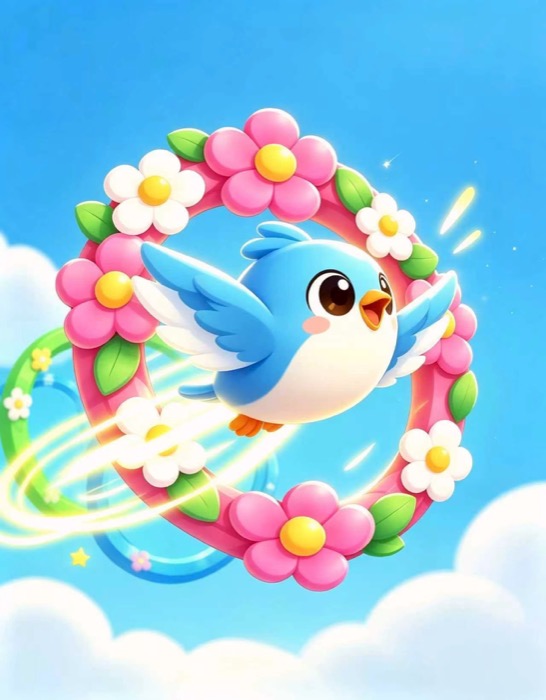 A blue bird flying through a flower hoop